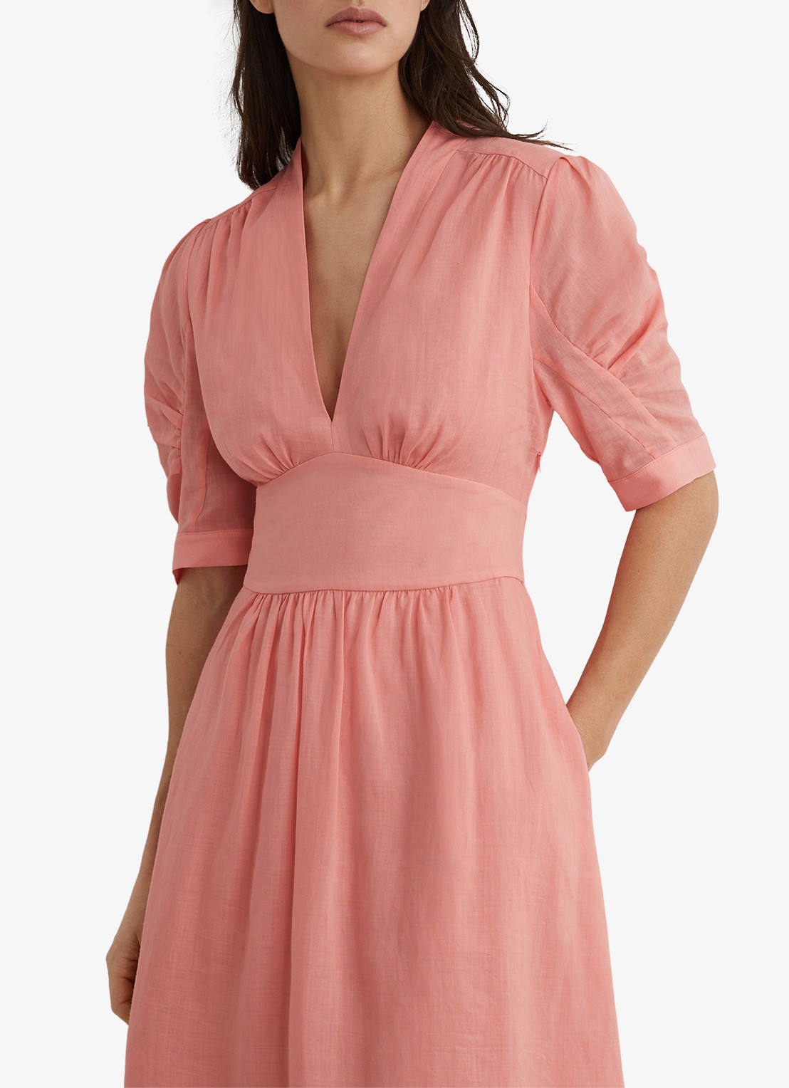 Reiss Petite Poppy midi jurkPETITE POPPY Short-Sleeve Waisted Midi Dress - detail 4 oudroze