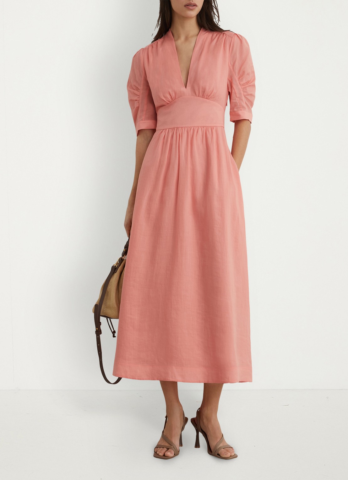 Reiss Petite Poppy midi jurkPETITE POPPY Short-Sleeve Waisted Midi Dress - detail 6 oudroze