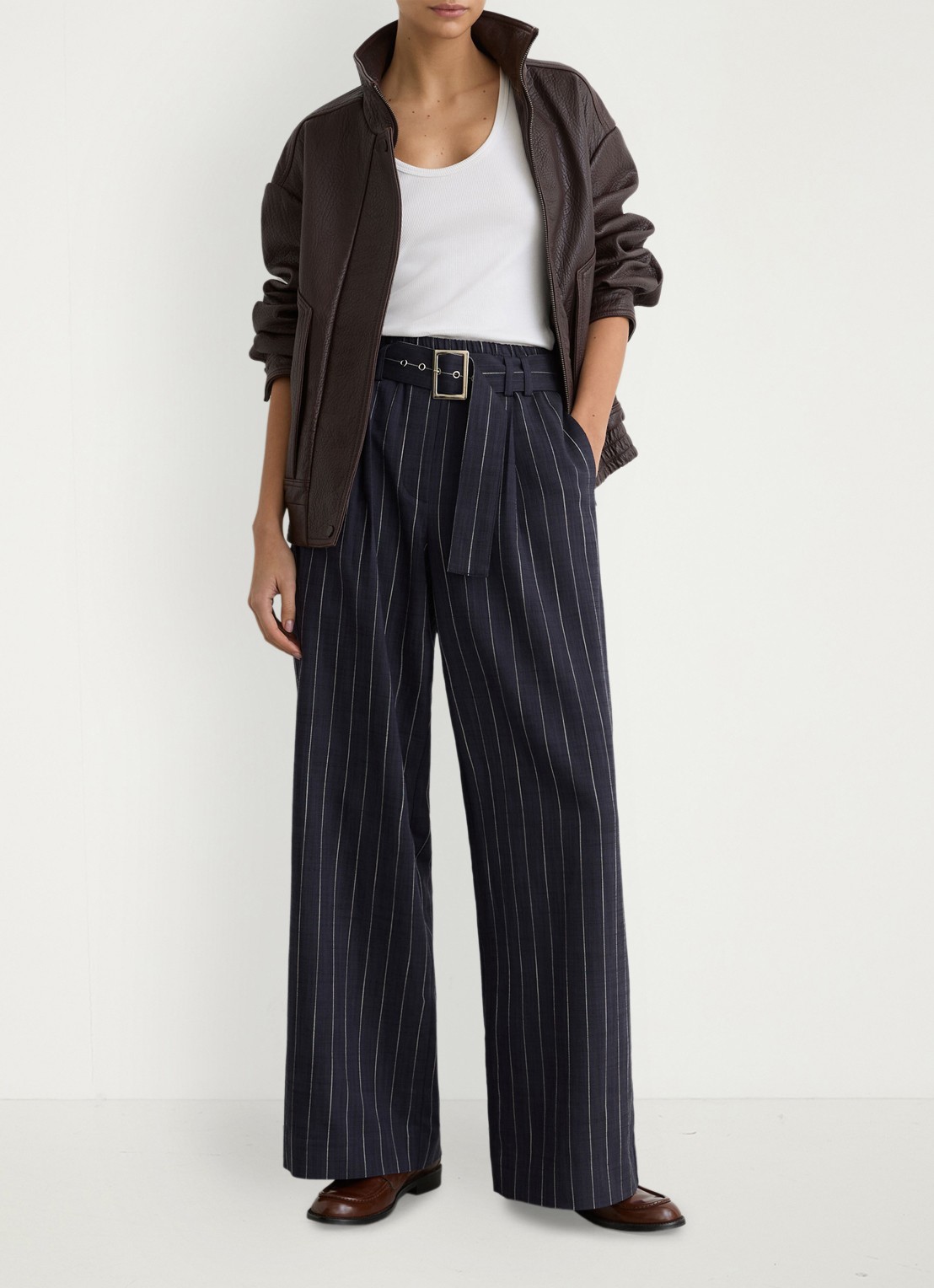 Reiss Petite Rae high waist wide leg pantalon met krijtstreep - voorkant 3 donkerblauw