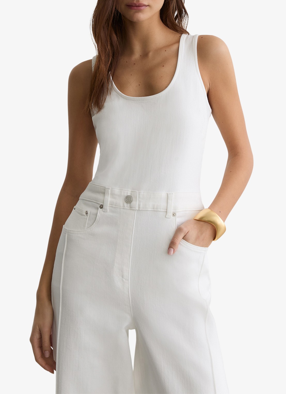 Reiss Petite Rose wide fit jumpsuit van denim - detail wit
