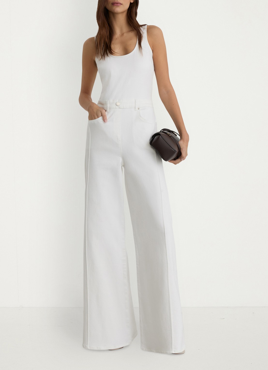 Reiss Petite Rose wide fit jumpsuit van denim - voorkant 6 wit