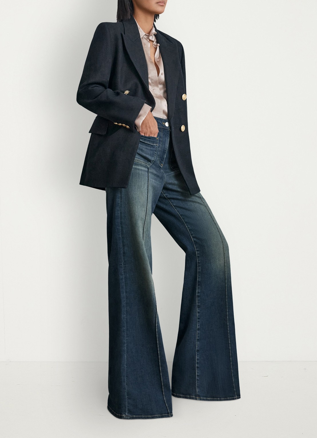 Reiss Petite Sakura high waist flared jeans met in lyocellblend - voorkant 2 donkerblauw