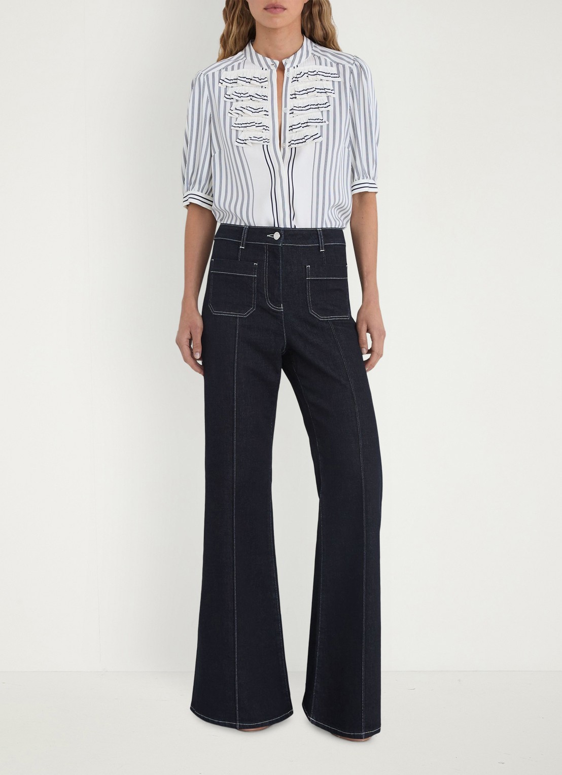 Reiss Petite Sakura high waist flared jeans met opgestikte zakken - voorkant 7 indigo