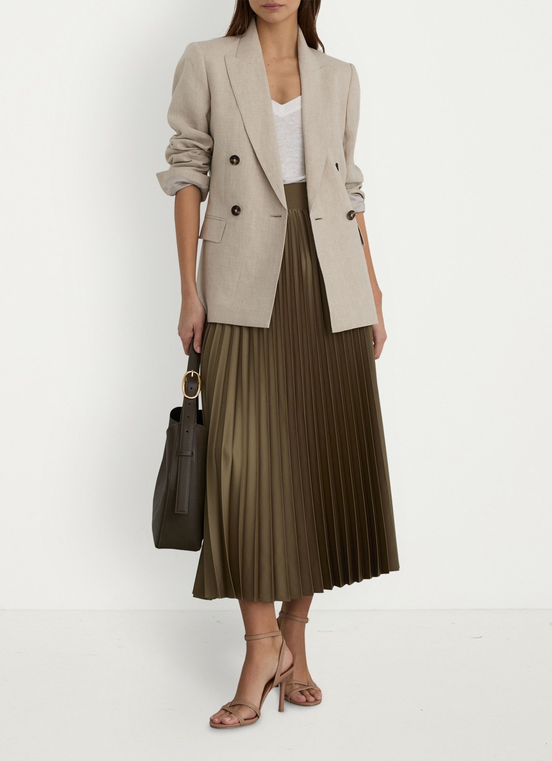 Reiss Petite seren midi plooirok - voorkant 2 khaki