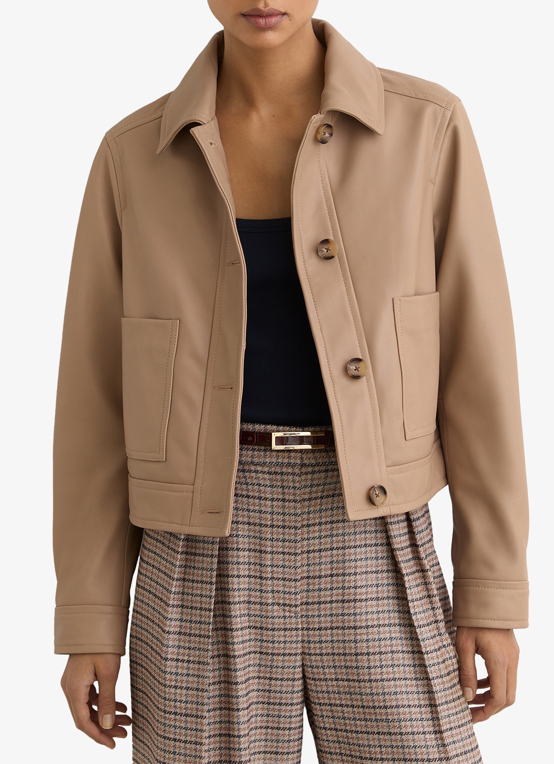 Reiss Petite Sonny jack van leer met opgestikte zakken - detail bruin