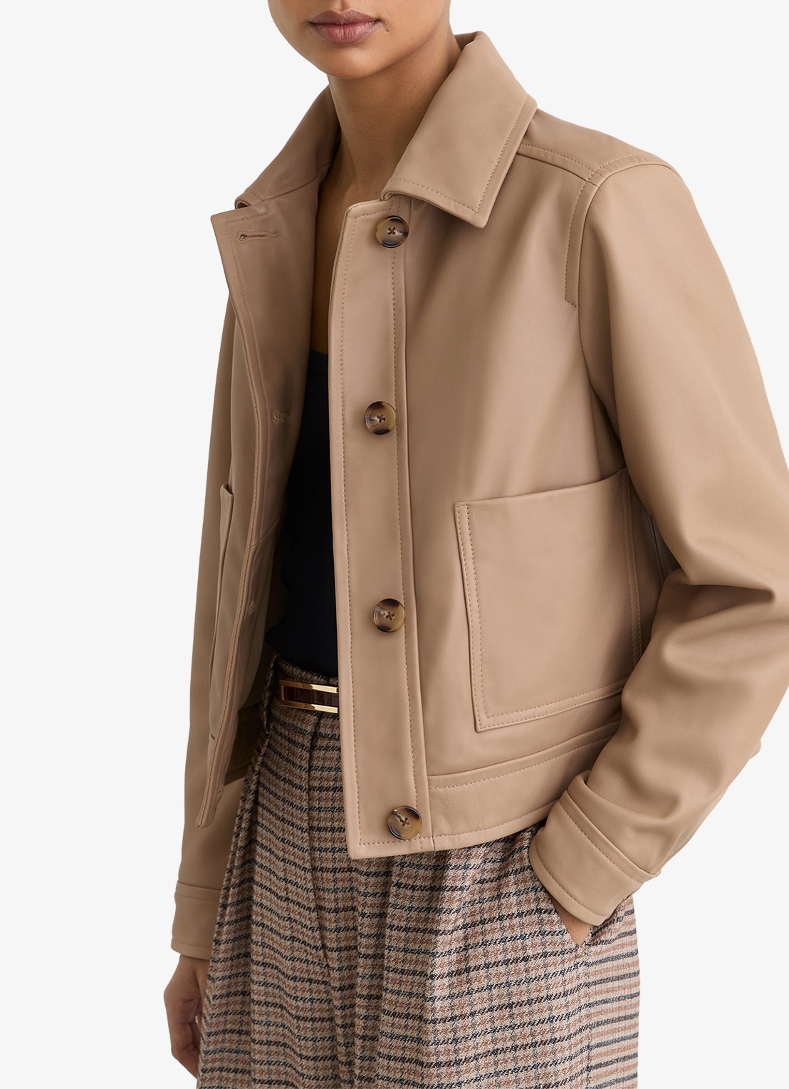 Reiss Petite Sonny jack van leer met opgestikte zakken - detail 3 bruin