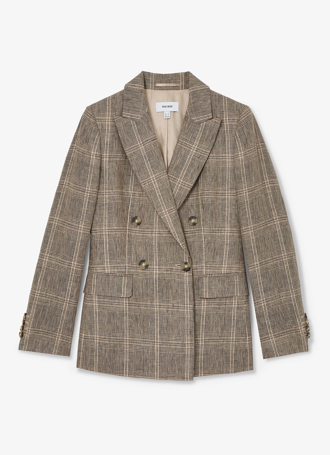 Reiss Petite Sybil double-breasted blazer van linnen met ruitdessin - voorkant 6 beige