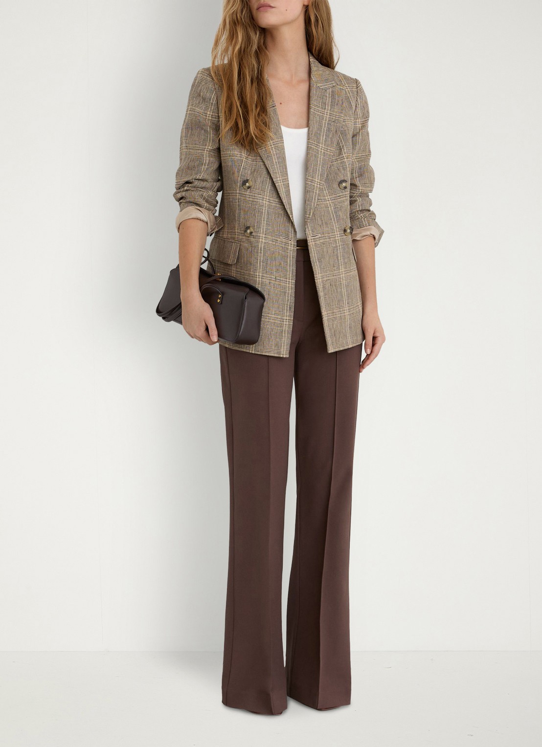 Reiss Petite Sybil double-breasted blazer van linnen met ruitdessin - voorkant 7 beige