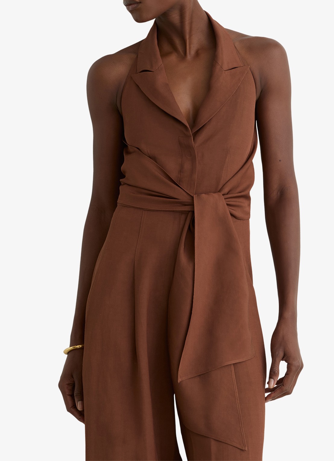 Reiss Petite Taya wide fit jumpsuit in linnenblend - detail 3 bruin