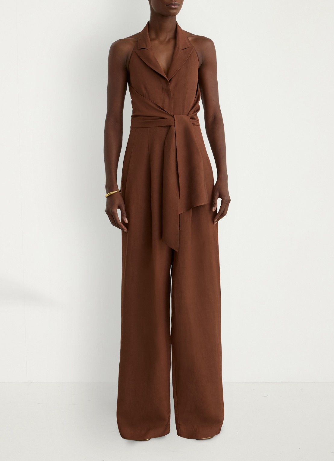 Reiss Petite Taya wide fit jumpsuit in linnenblend - voorkant 2 bruin