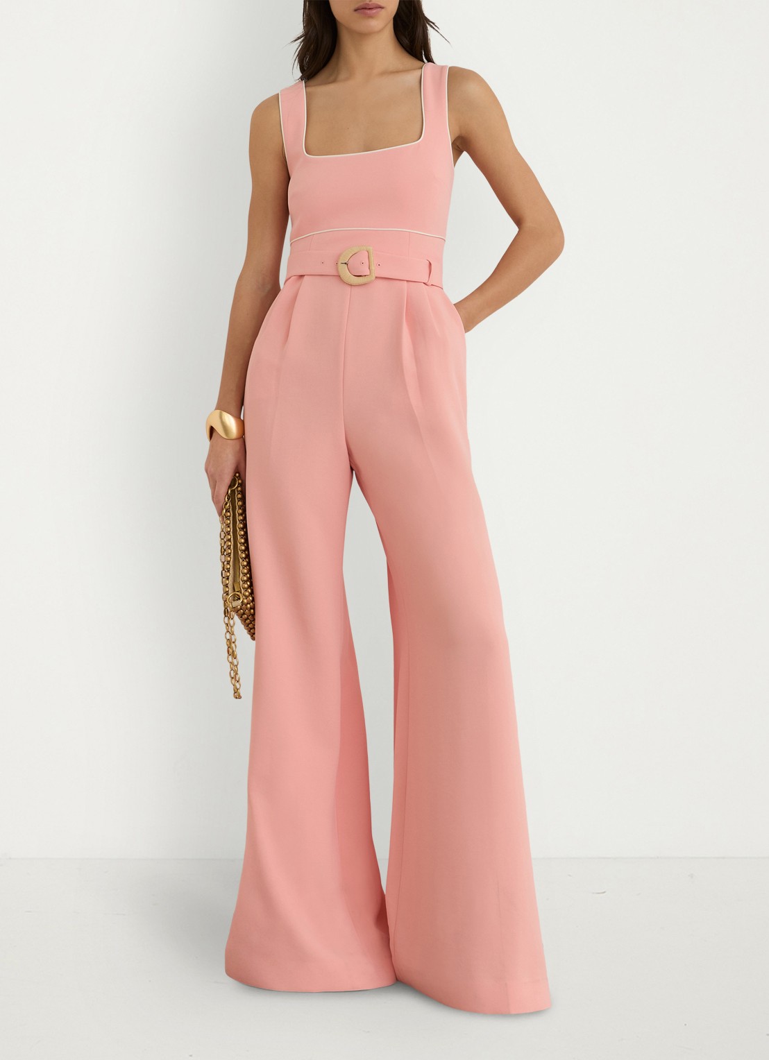 Reiss Petite wide fit jumpsuit met ceintuur - voorkant 7 oudroze