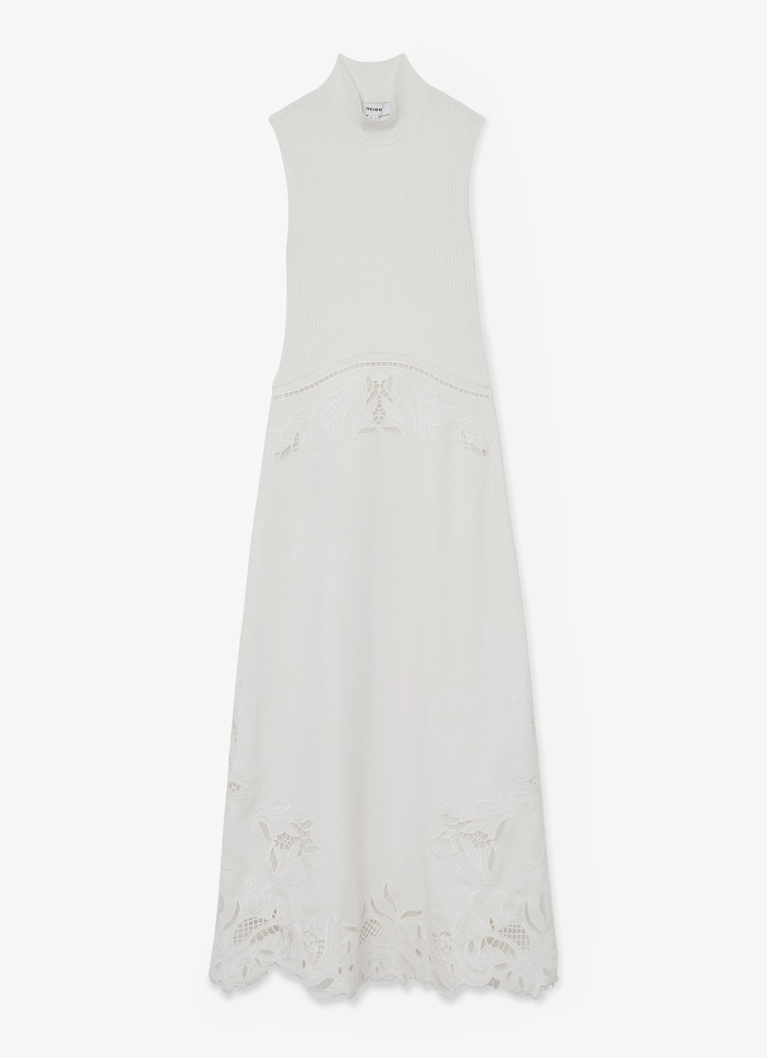 Reiss Phoenix ribgebreide midi jurk met broderie  - voorkant 4 wit