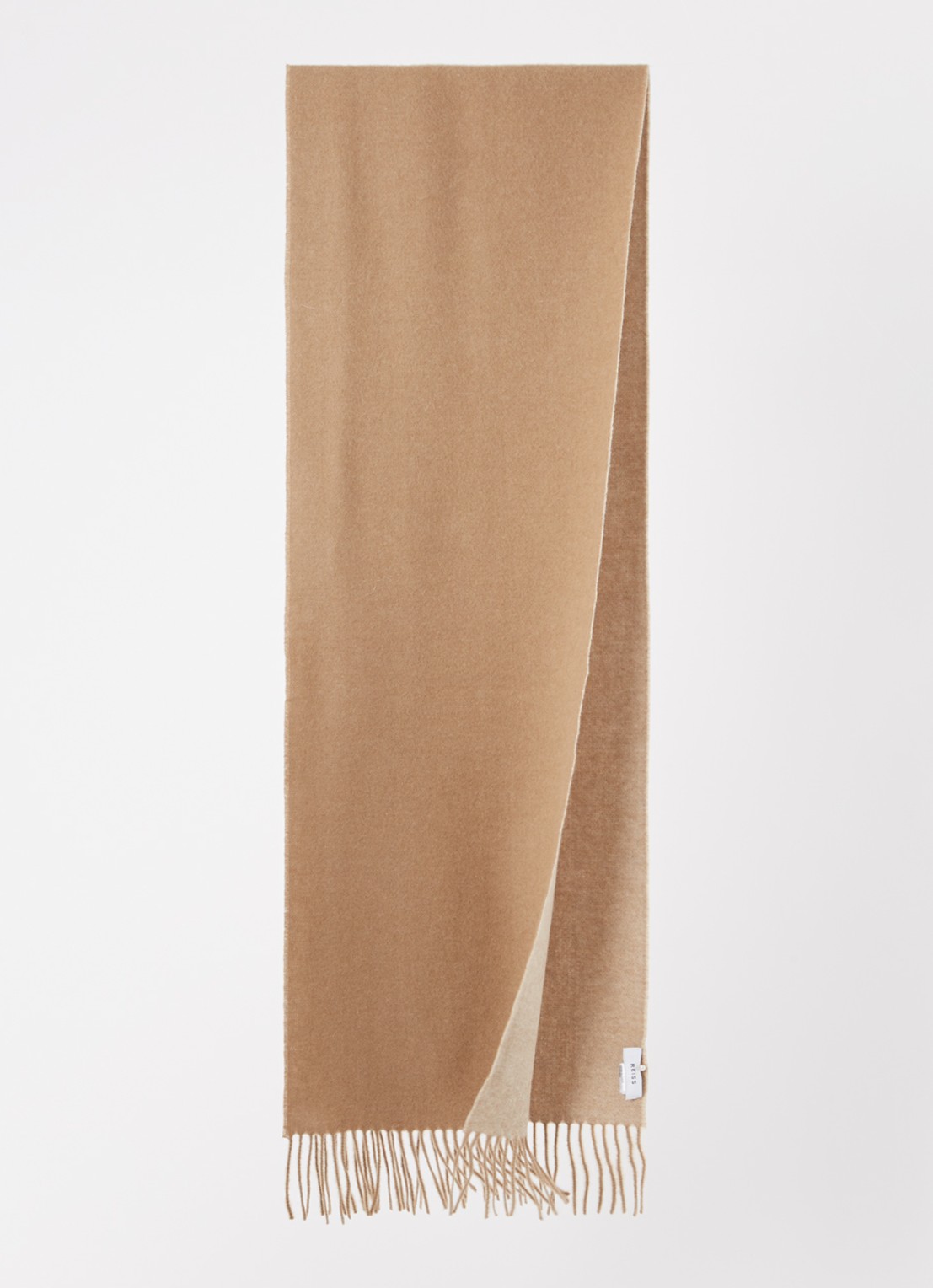 Reiss Picton sjaal in kasjmierblend met franjes 190 x 30 cm - voorkant 2 camel