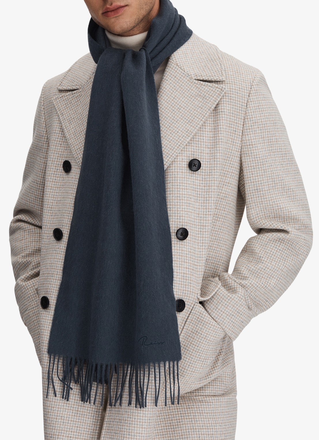 Reiss Picton sjaal in kasjmierblend met franjes 190 x 30 cm - voorkant 2 petrol