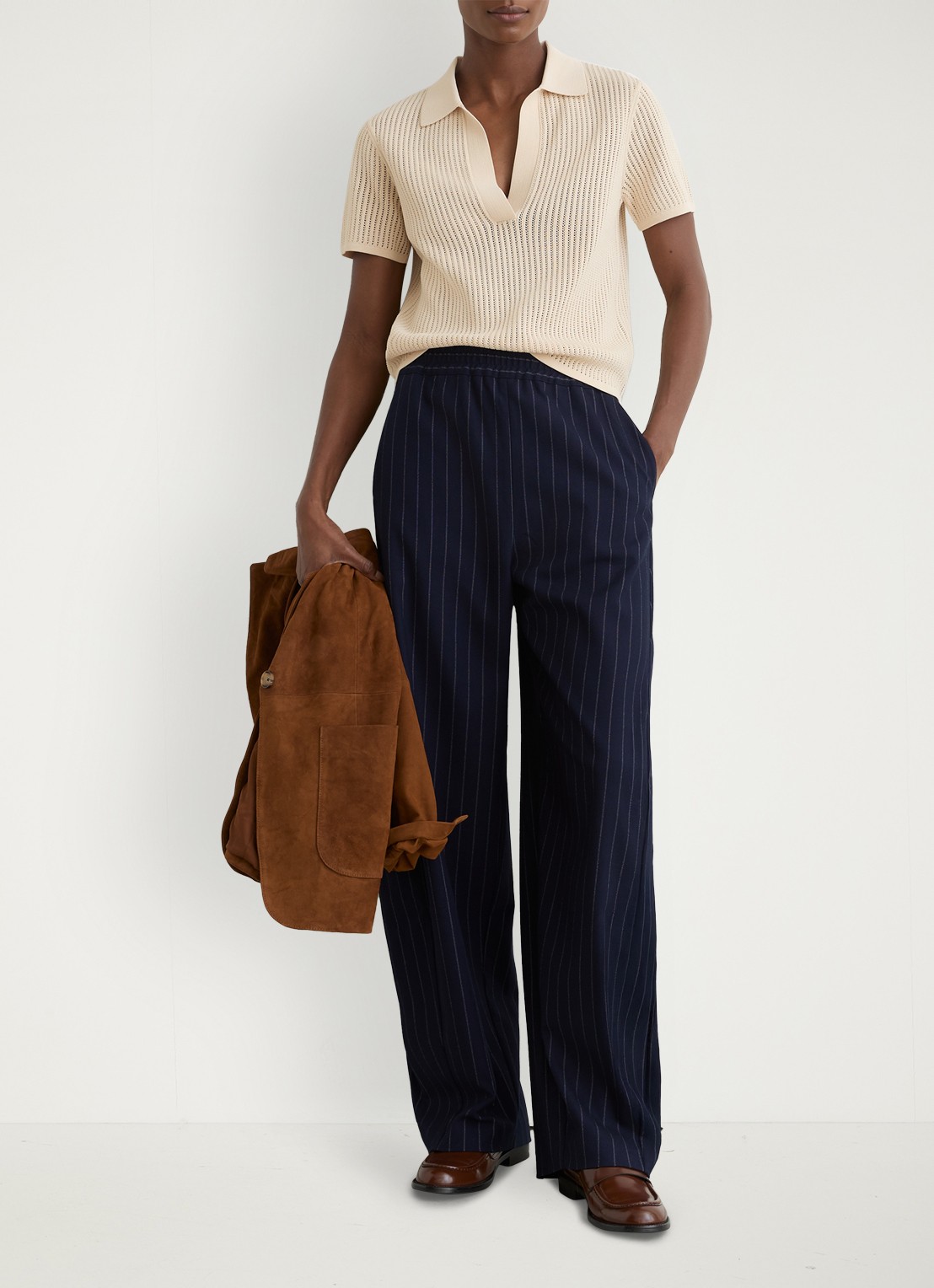 Reiss Pippa regular fit polo met opengewerkt dessin - voorkant 2 creme