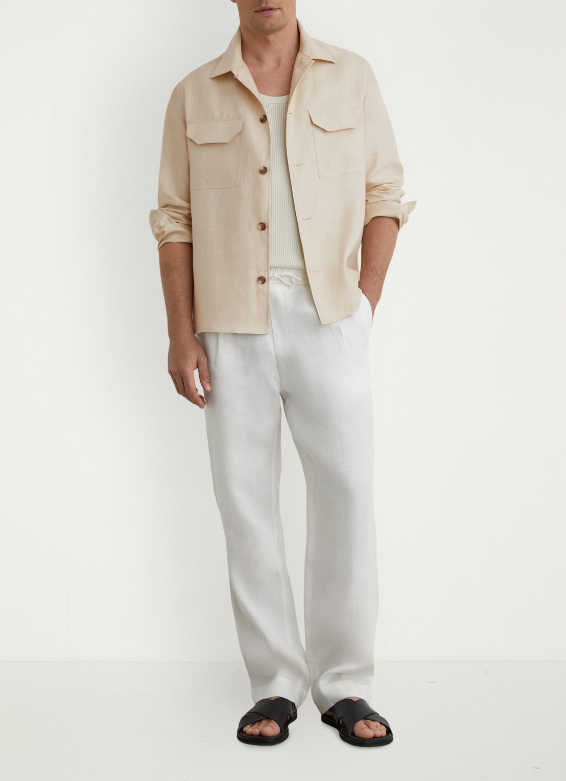 Reiss Polasio overshirt van linnen met borstzakken - voorkant 6 stone / beige