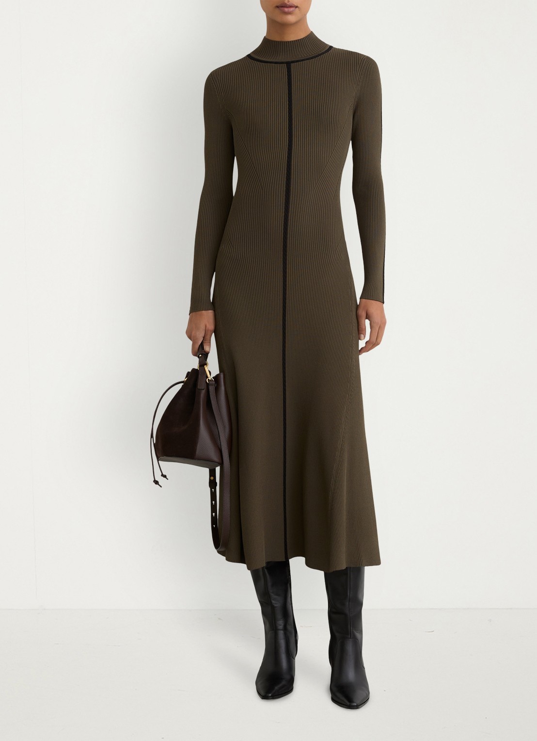 Reiss Polly midi ribgebreide jurk met opstaande kraag - detail 2 bronsgroen