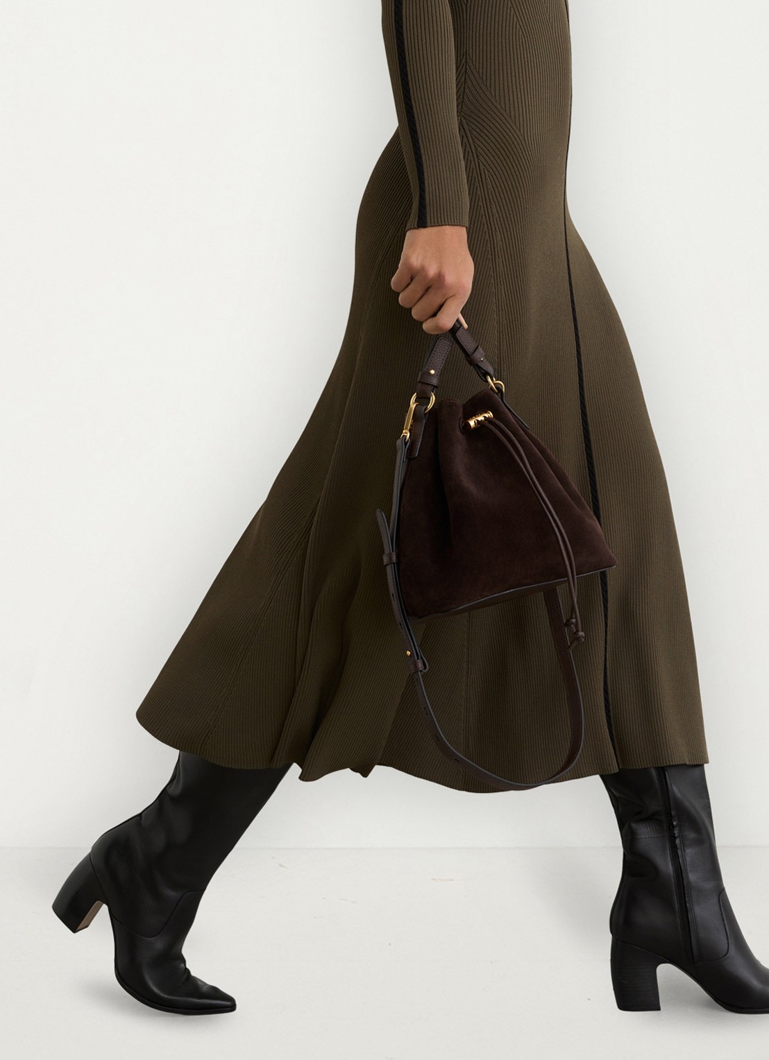 Reiss Polly midi ribgebreide jurk met opstaande kraag - detail 3 bronsgroen