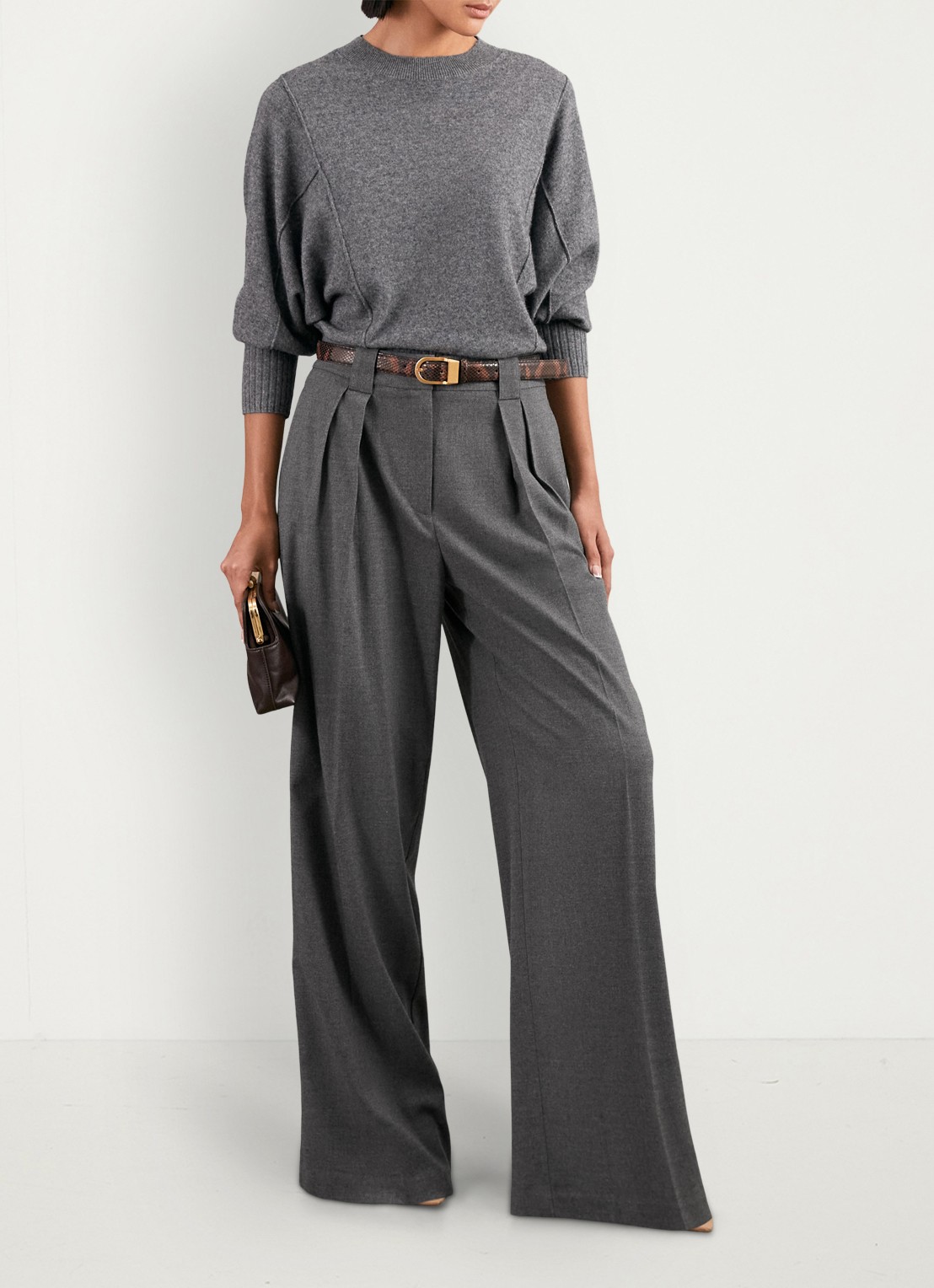 Reiss Poppie high waist wide fit pantalon met steekzakken - voorkant 2 grijs