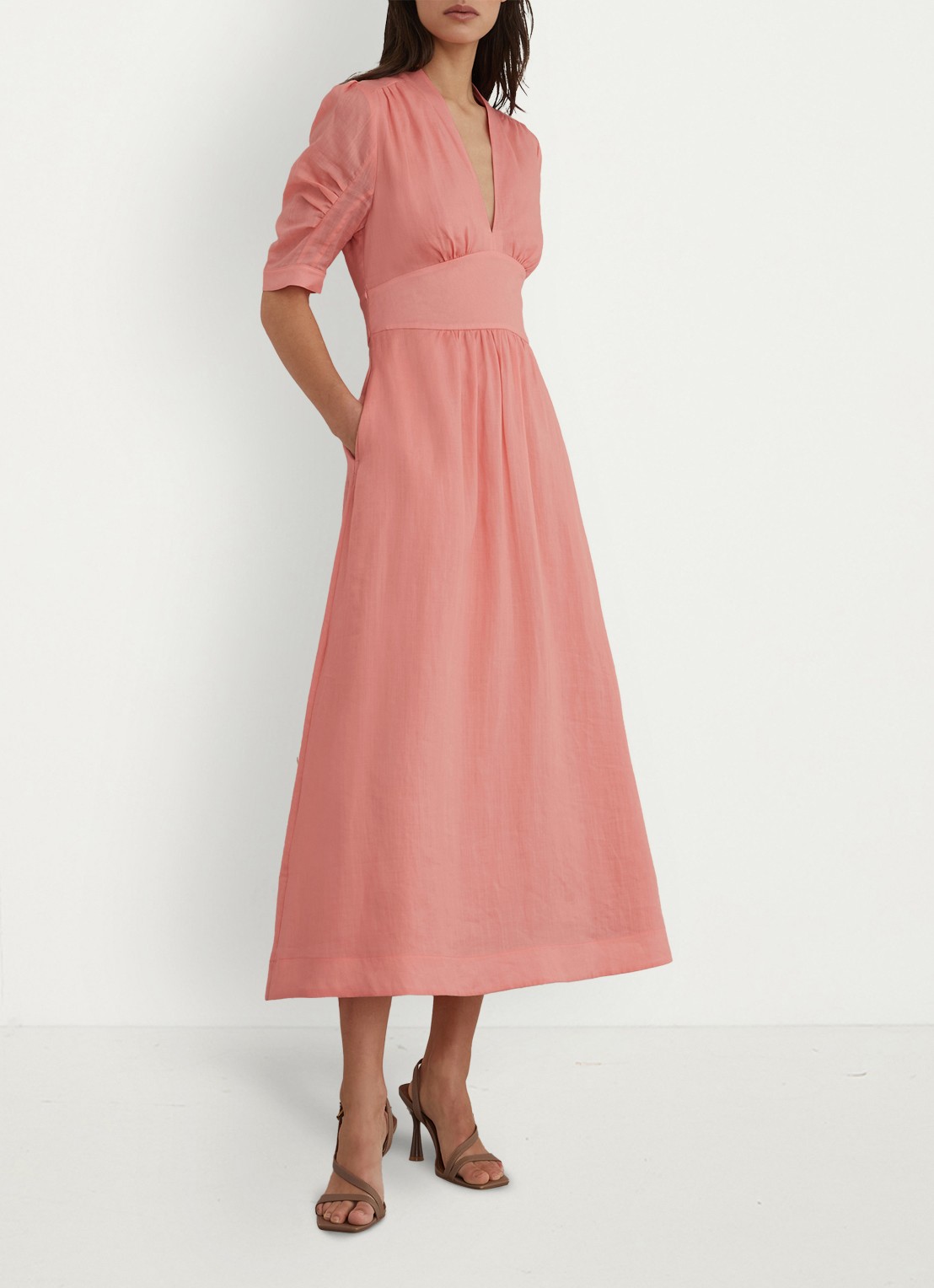 Reiss Poppy midi jurk met V-hals - detail oudroze