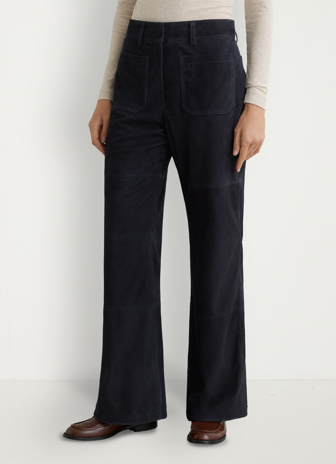 Reiss Priya high waist flared broek van van suède - detail 4 donkerblauw