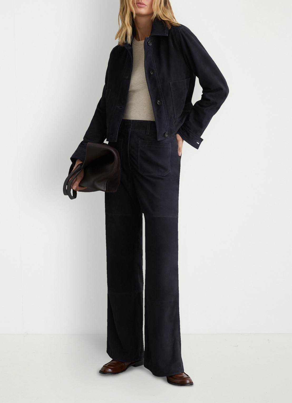 Reiss Priya high waist flared broek van van suède - detail 6 donkerblauw
