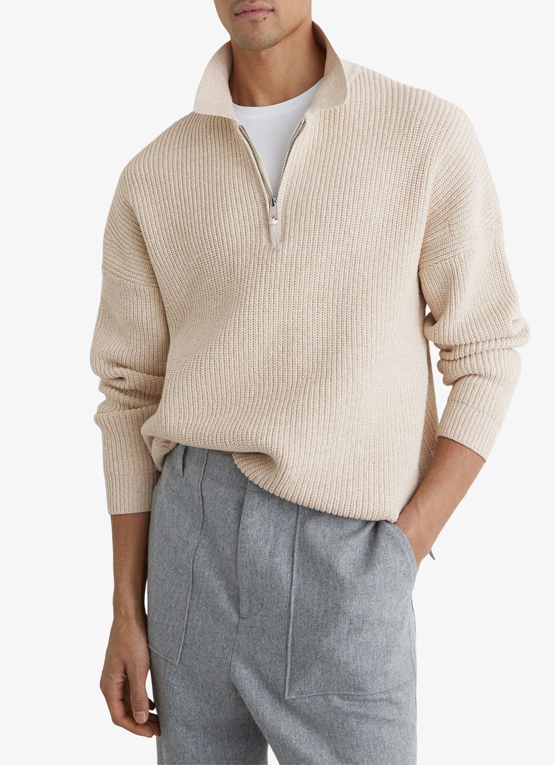 Reiss Prop ribgebreide trui met halve rits  - detail 2 beige