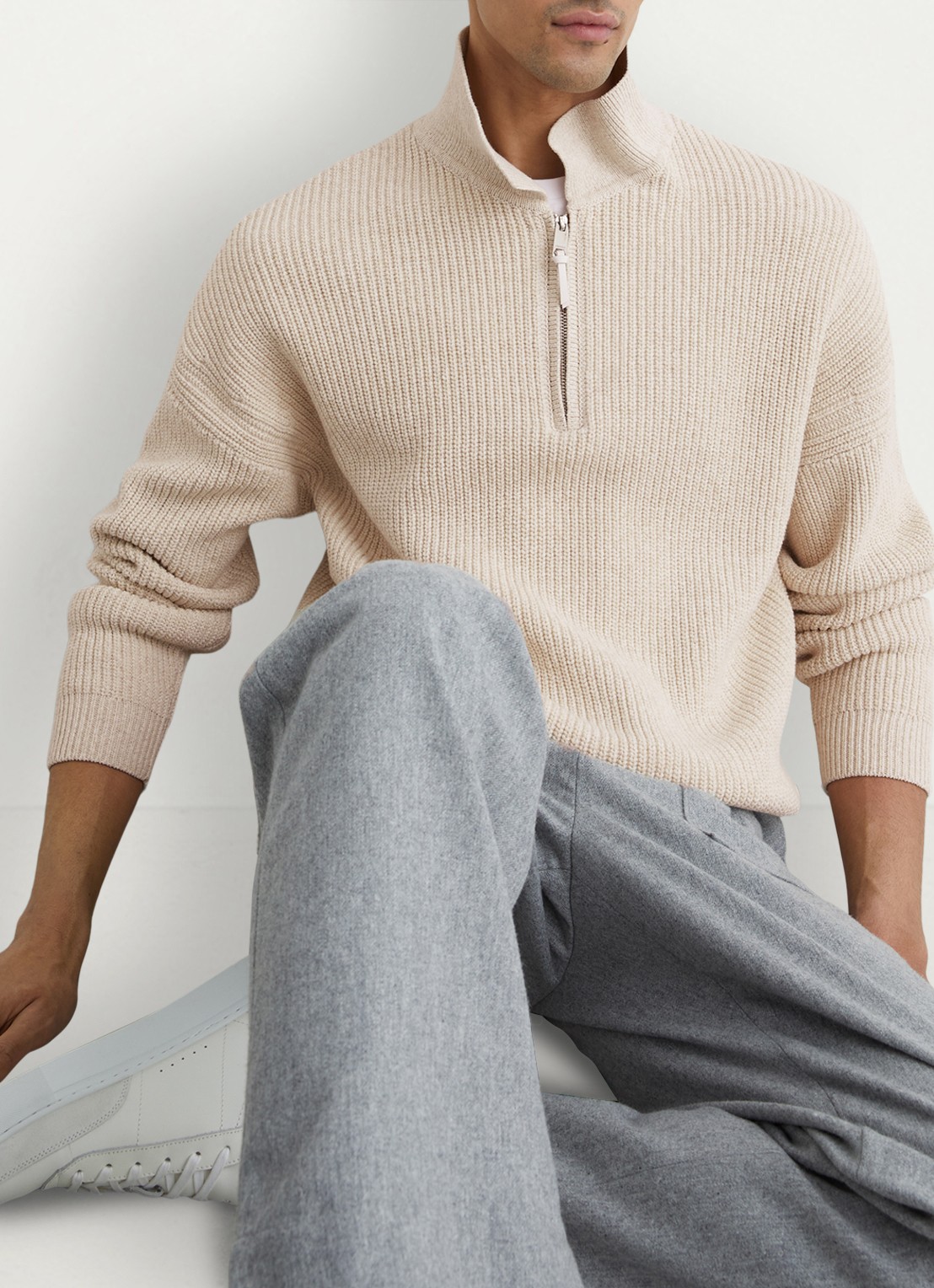 Reiss Prop ribgebreide trui met halve rits  - detail 3 beige