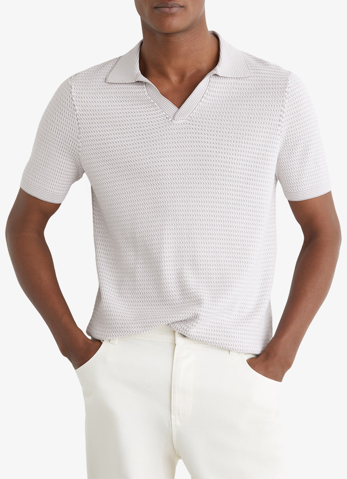 Reiss REDBURY Open-Collar Textured-Knit Polo Shirt - detail soft grey / grijs