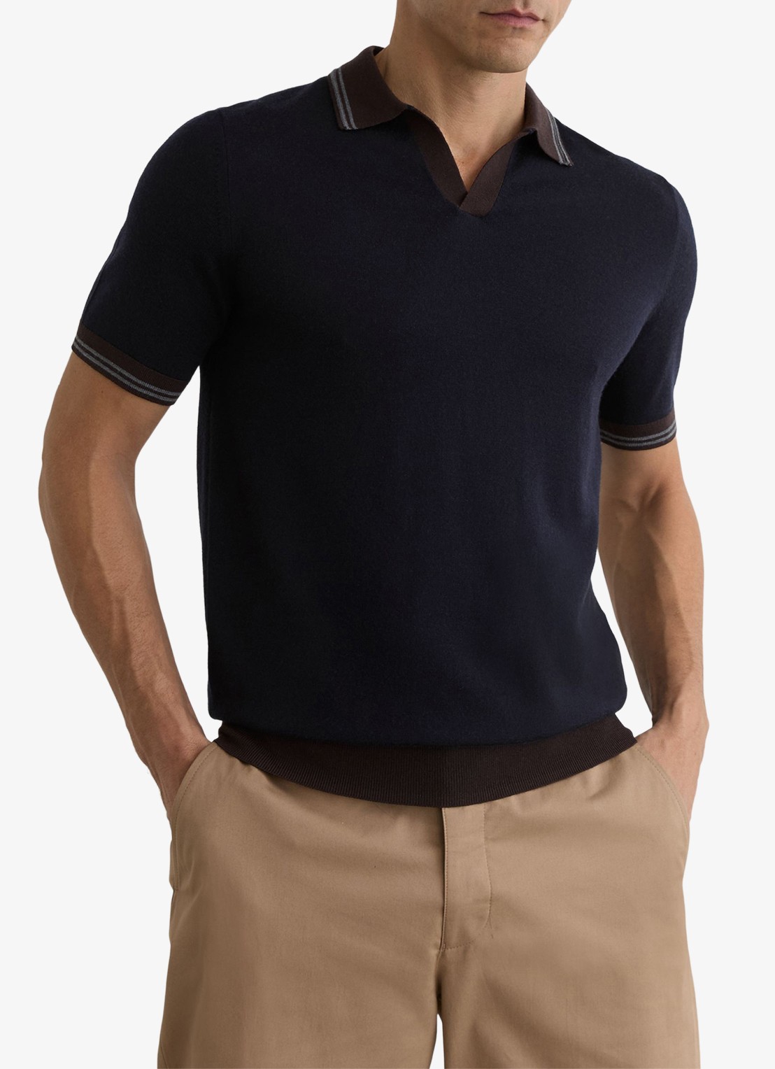 Reiss Redmire regular fit polo van merino wol - detail 3 donkerblauw