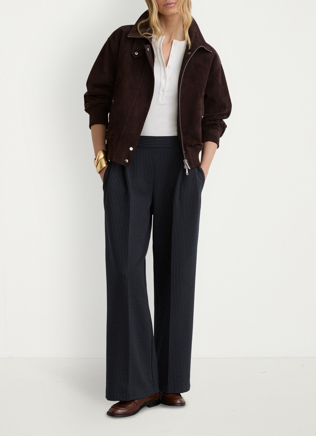 Reiss Remi high waist wide fit pantalon met streepprint - voorkant 3 donkerblauw