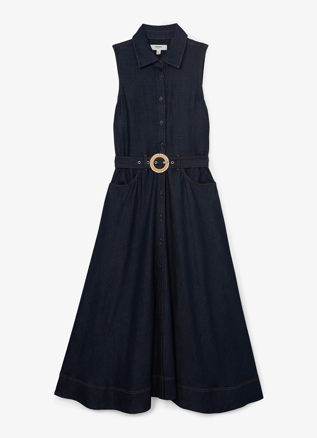 Reiss Remi midi blousejurk met ceintuur - voorkant 6 donkerblauw