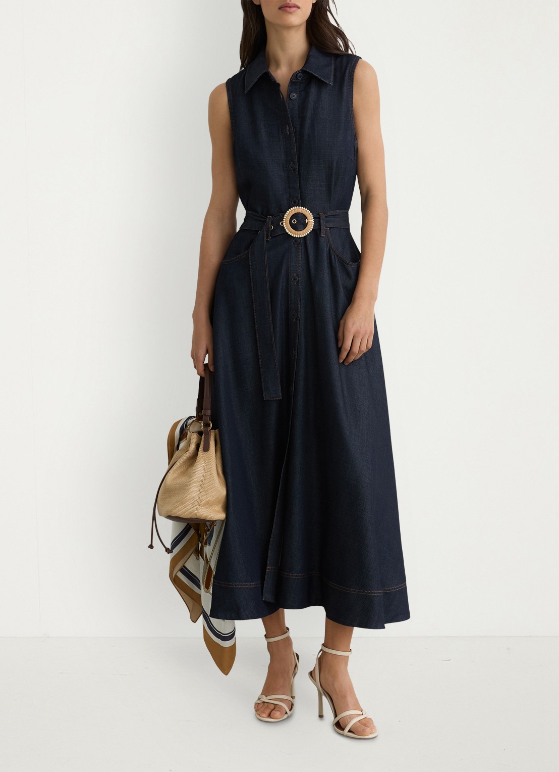 Reiss Remi midi blousejurk met ceintuur - voorkant 7 donkerblauw