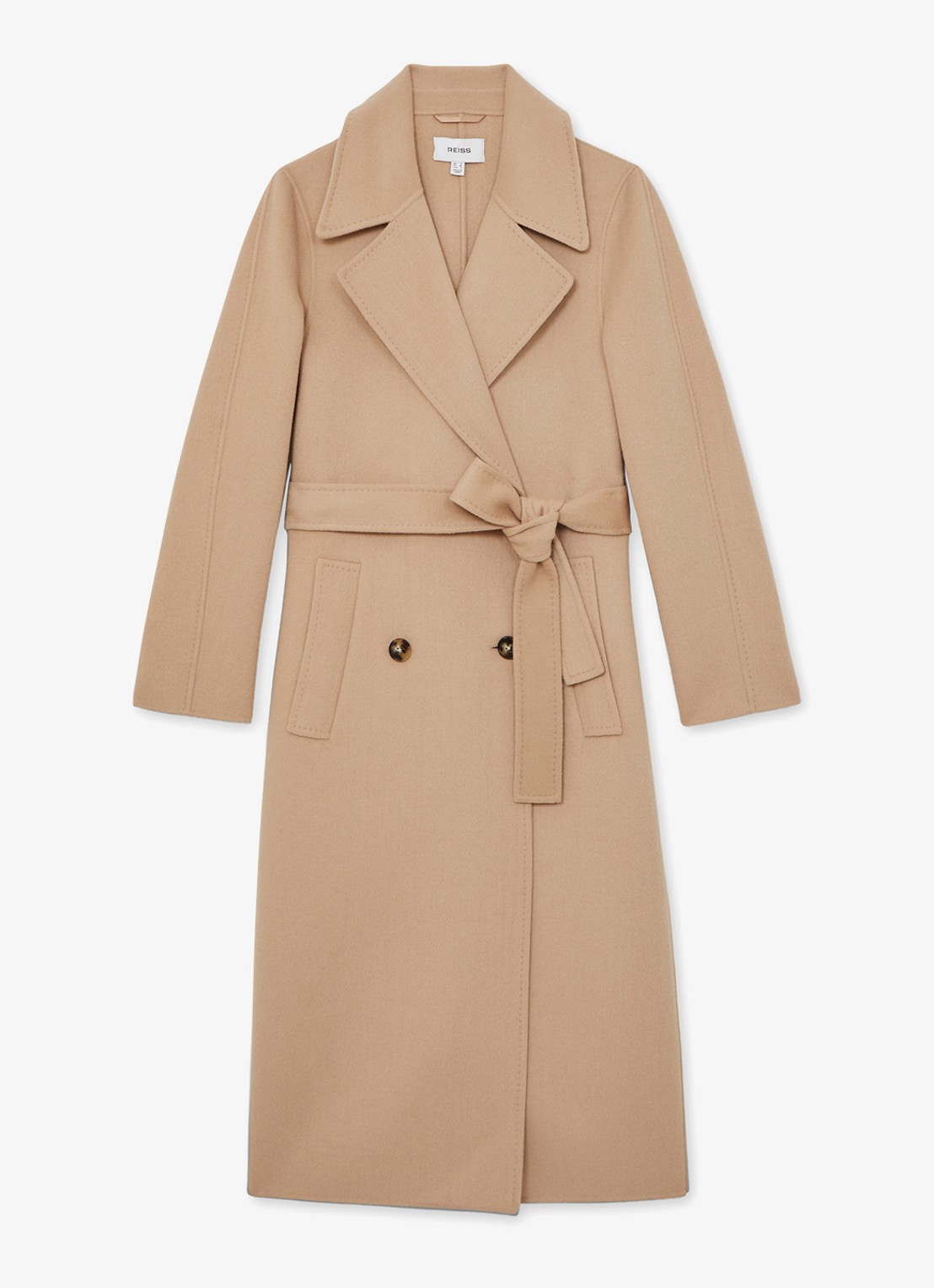 Reiss Rene mantel in wolblend met strikceintuur - voorkant 4 camel