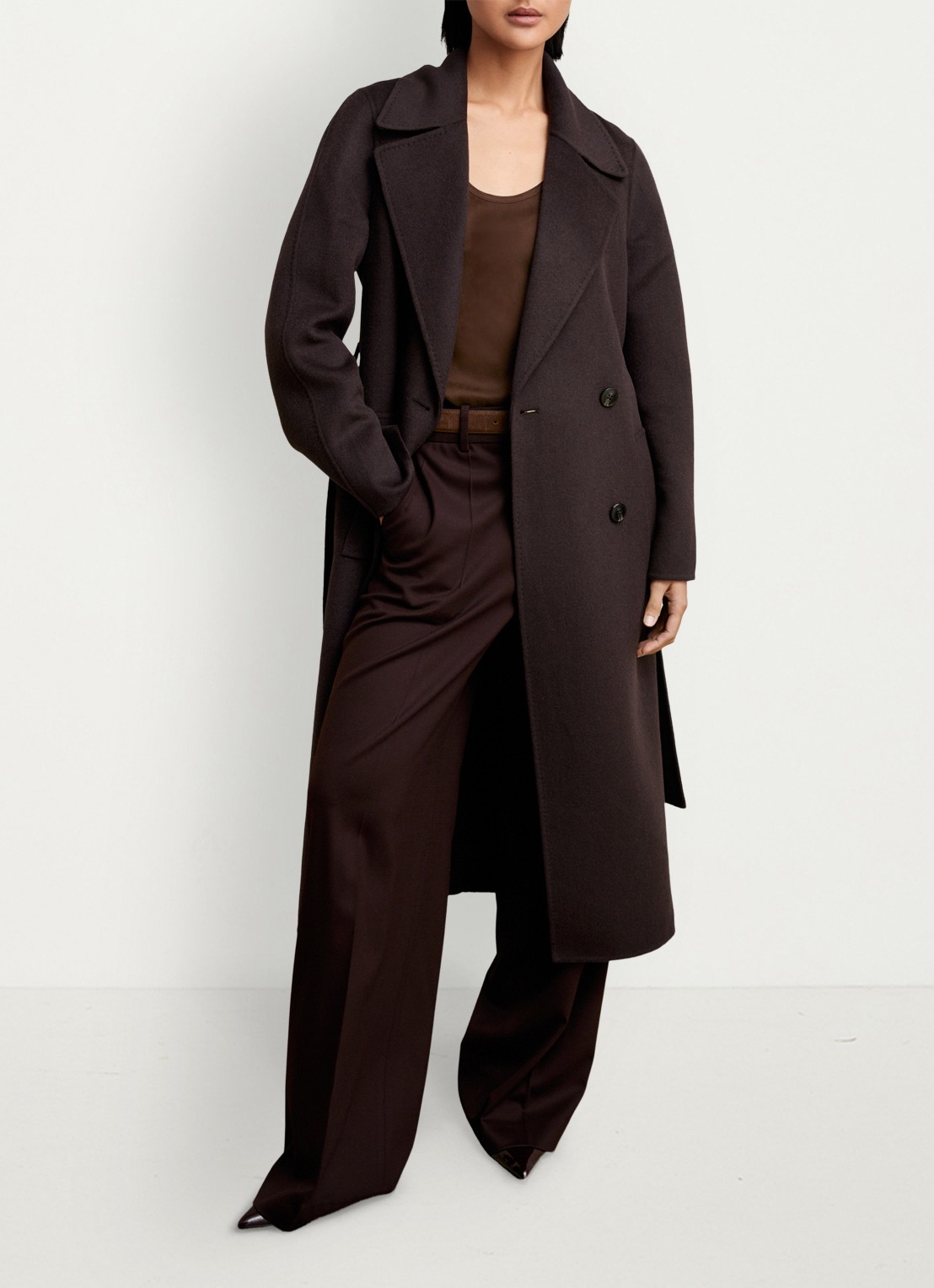Reiss Rene mantel in wolblend met strikceintuur - detail aubergine