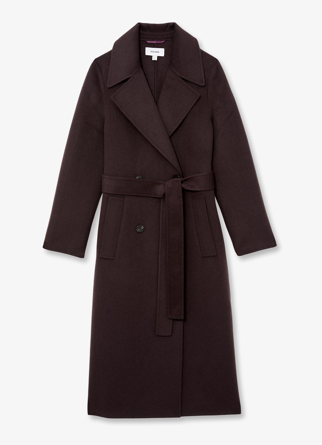 Reiss Rene mantel in wolblend met strikceintuur - voorkant 6 aubergine
