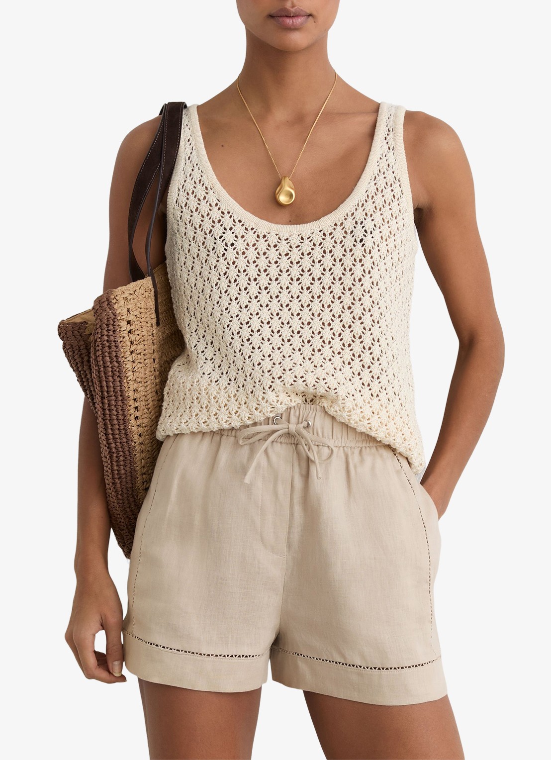 Reiss Riley high waist loose fit korte broek van linnen met steekzakken - detail 5 neutral / beige