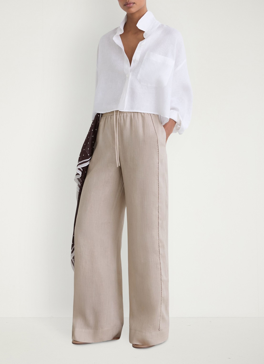 Reiss Riley high waist wide fit broek van linnen met steekzakken - voorkant 3 neutral / beige