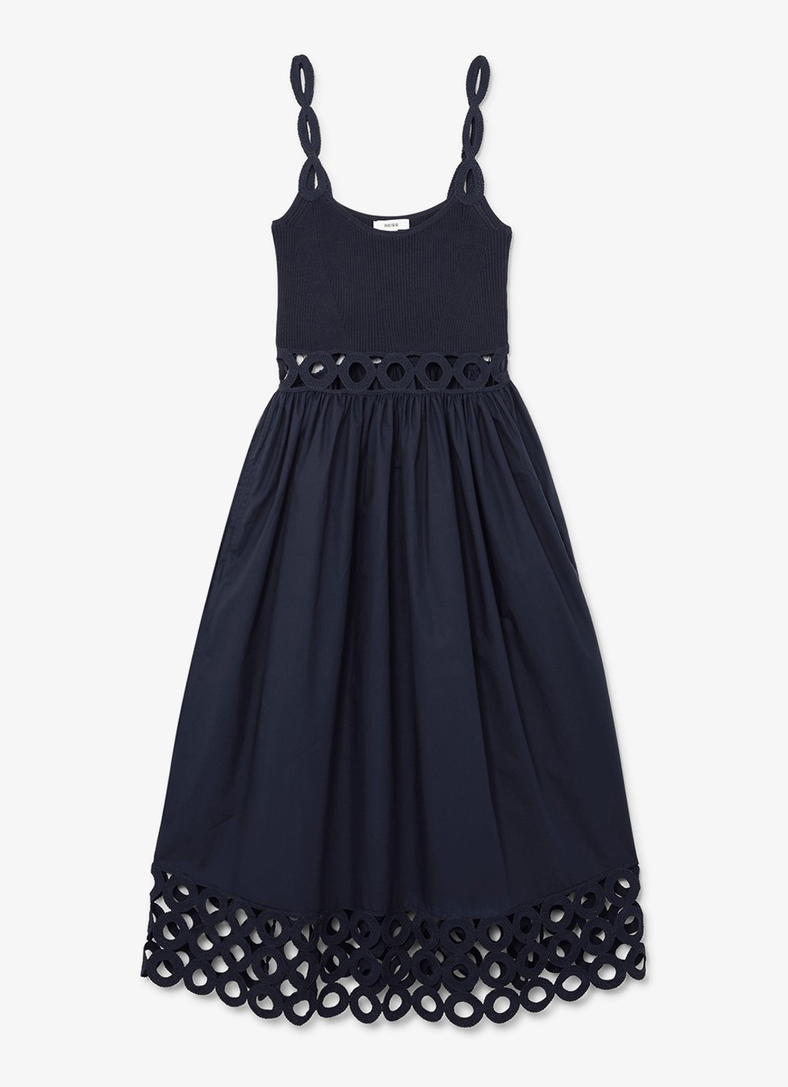 Reiss Rite ribgebreide midi jurk met cut-out detail - voorkant 4 donkerblauw