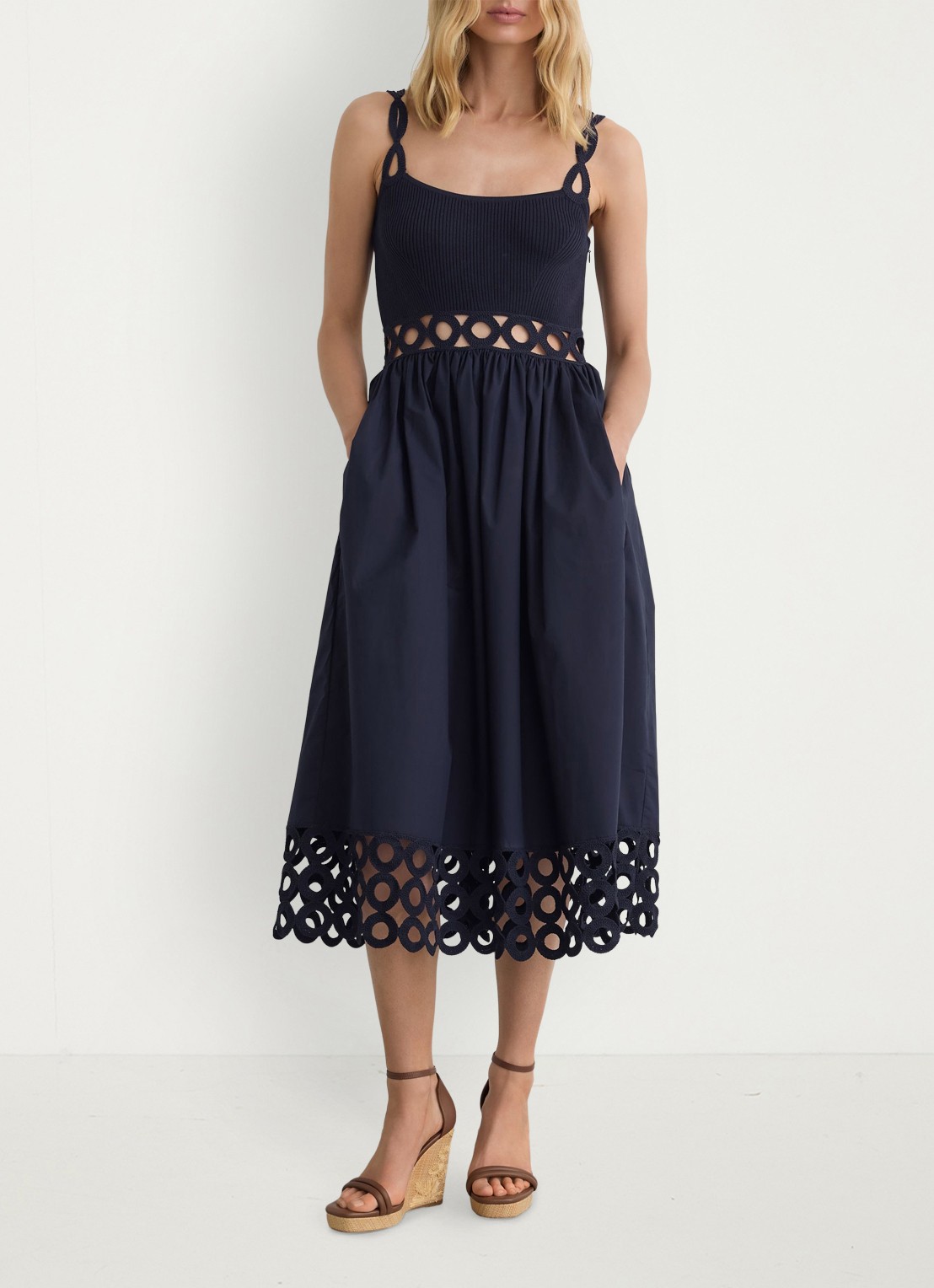 Reiss Rite ribgebreide midi jurk met cut-out detail - voorkant 5 donkerblauw