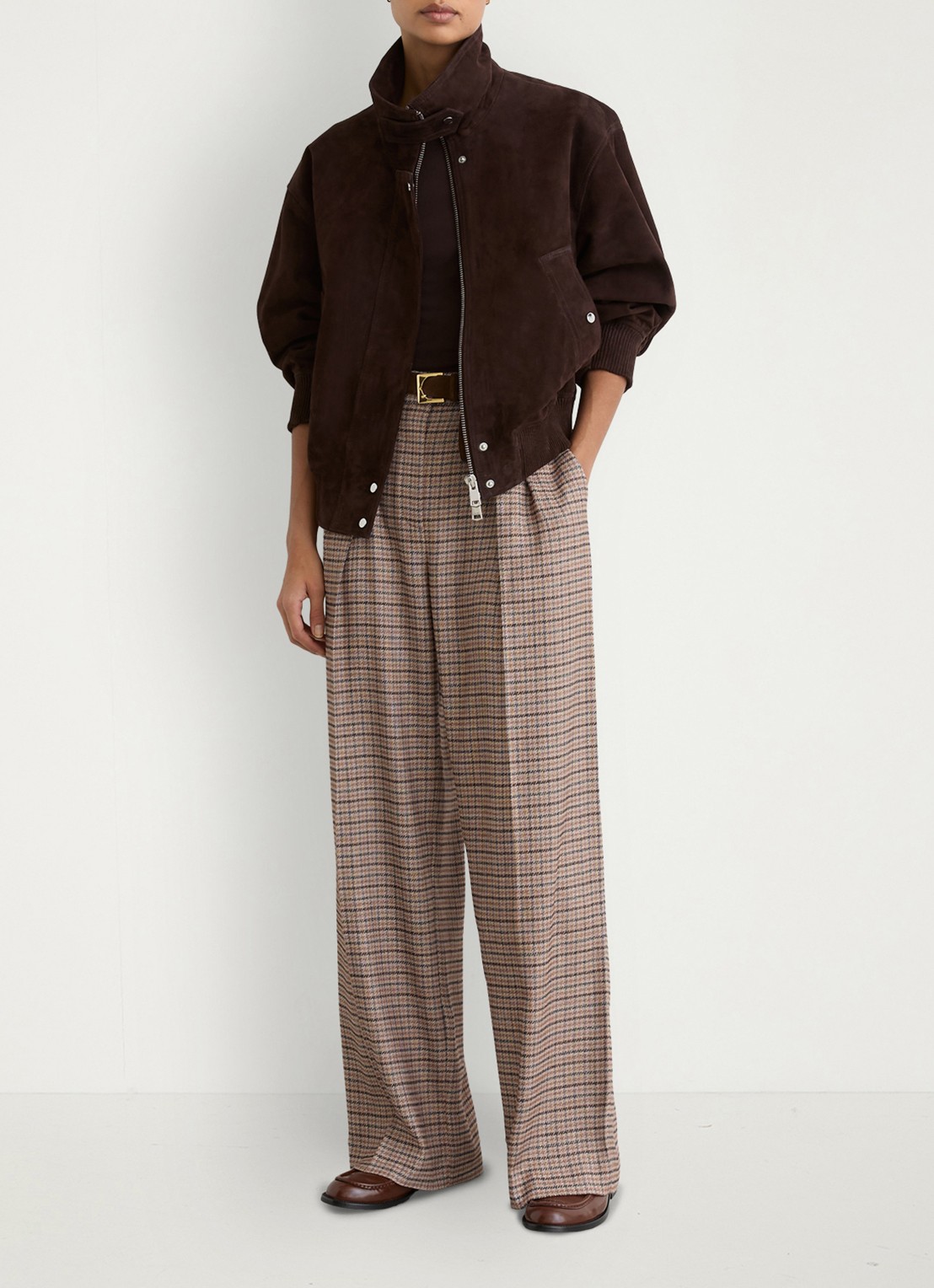 Reiss River wide leg pantalon met ruitdessin en steekzakken - voorkant 6 lichtbruin