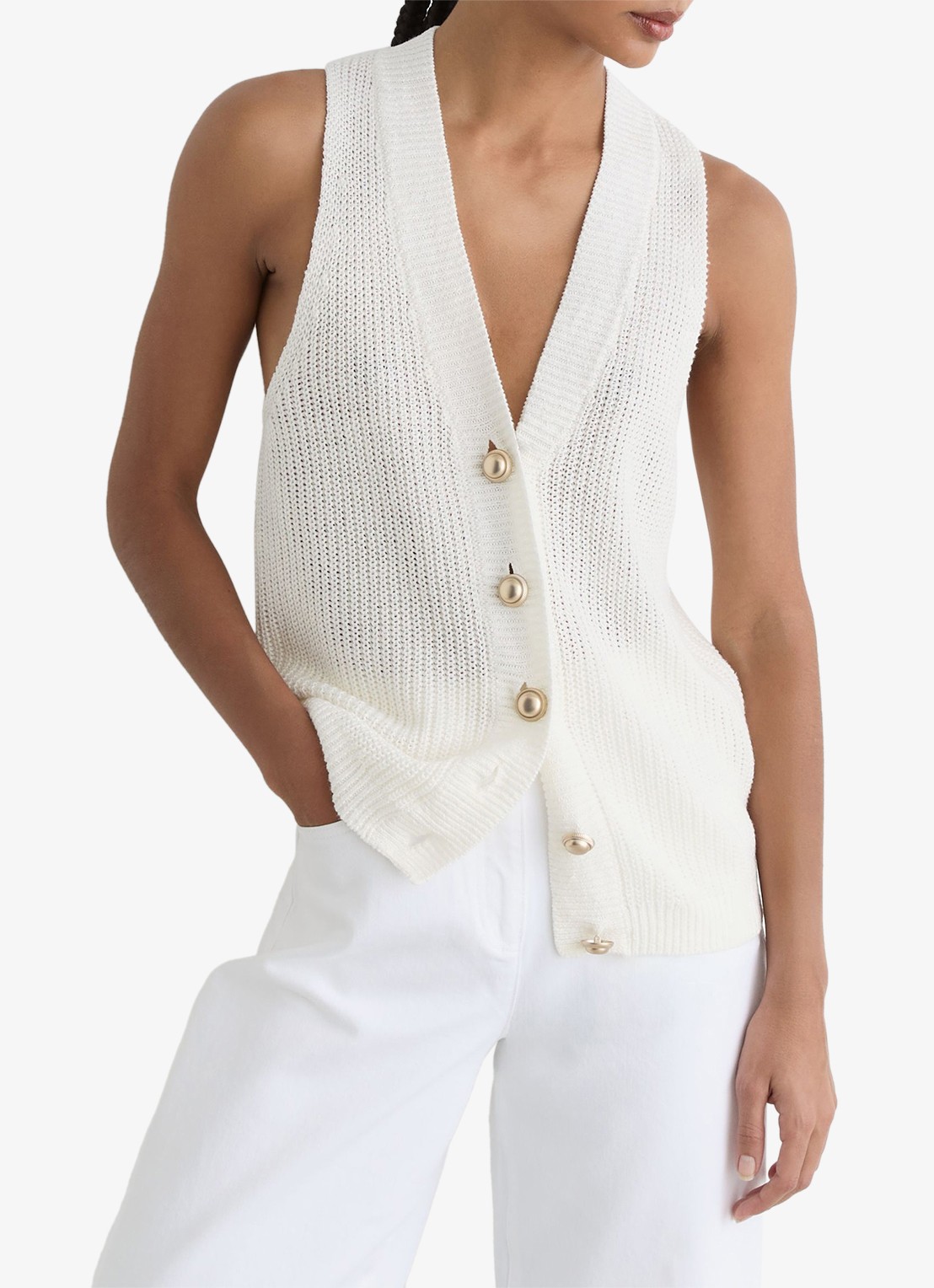 Reiss Robin grofgebreid gilet van linnen - detail 2 wit