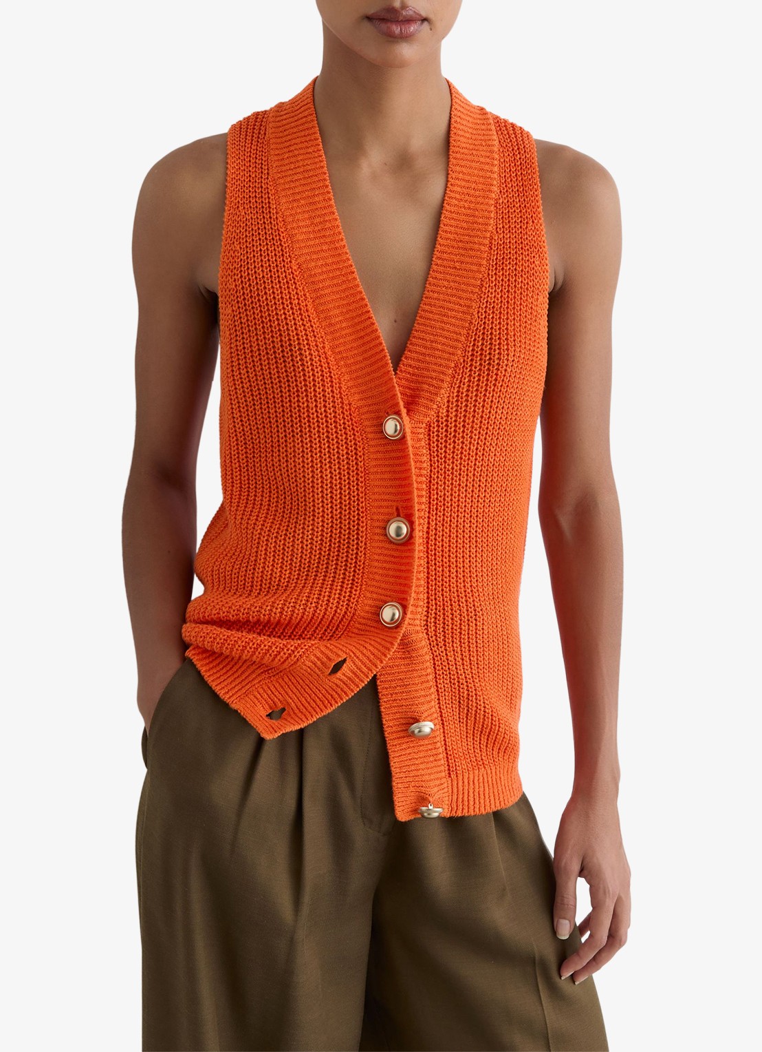 Reiss Robin grofgebreid gilet van linnen - detail orange