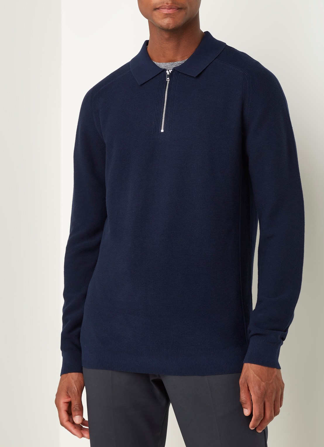 Reiss Roman fijngebreide pullover met halve rits - detail donkerblauw