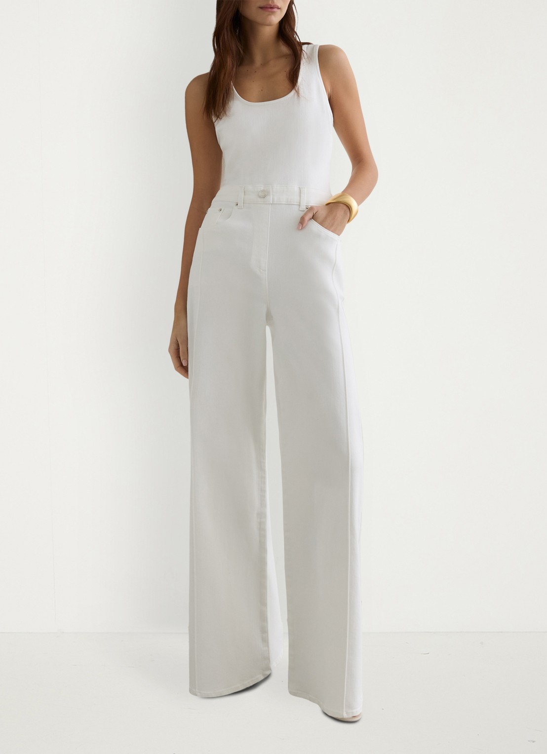 Reiss Rose wide fit jumpsuit van denim - voorkant 2 gebroken wit