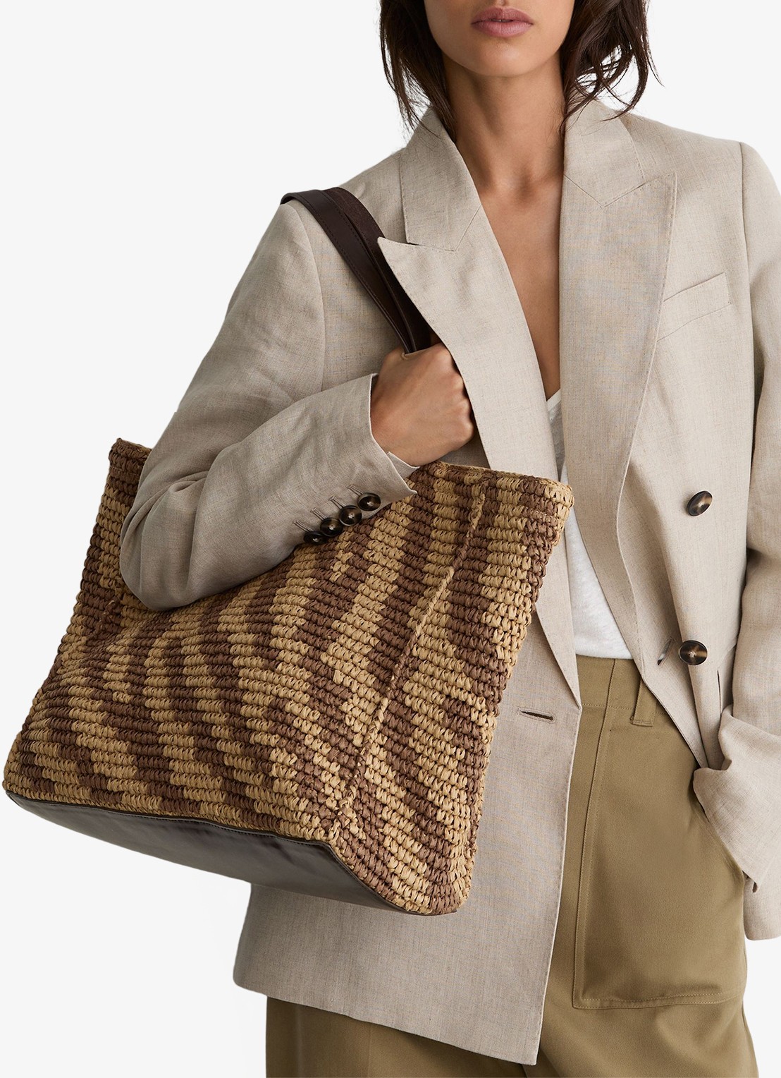 Reiss Rosie schoudertas van raffia - voorkant 3 natural/tan / beige