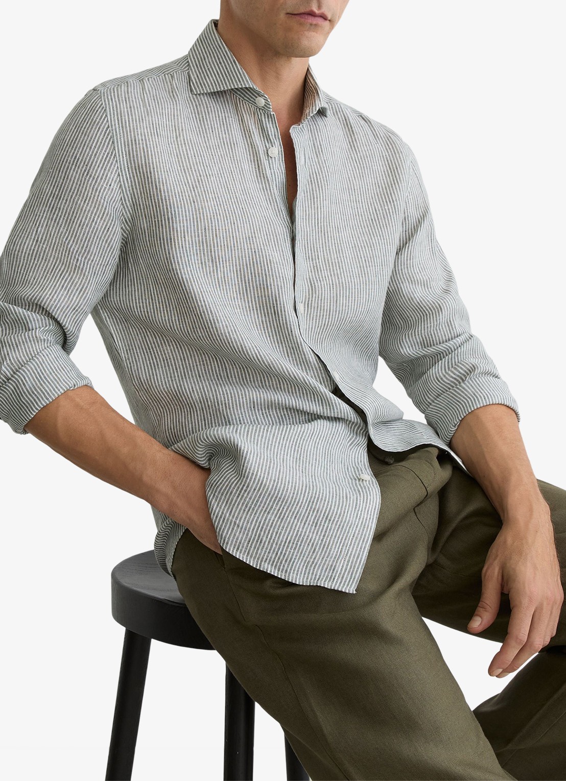 Reiss Ruban regular fit overhemd van linnen met streepprint - detail donkerkhaki