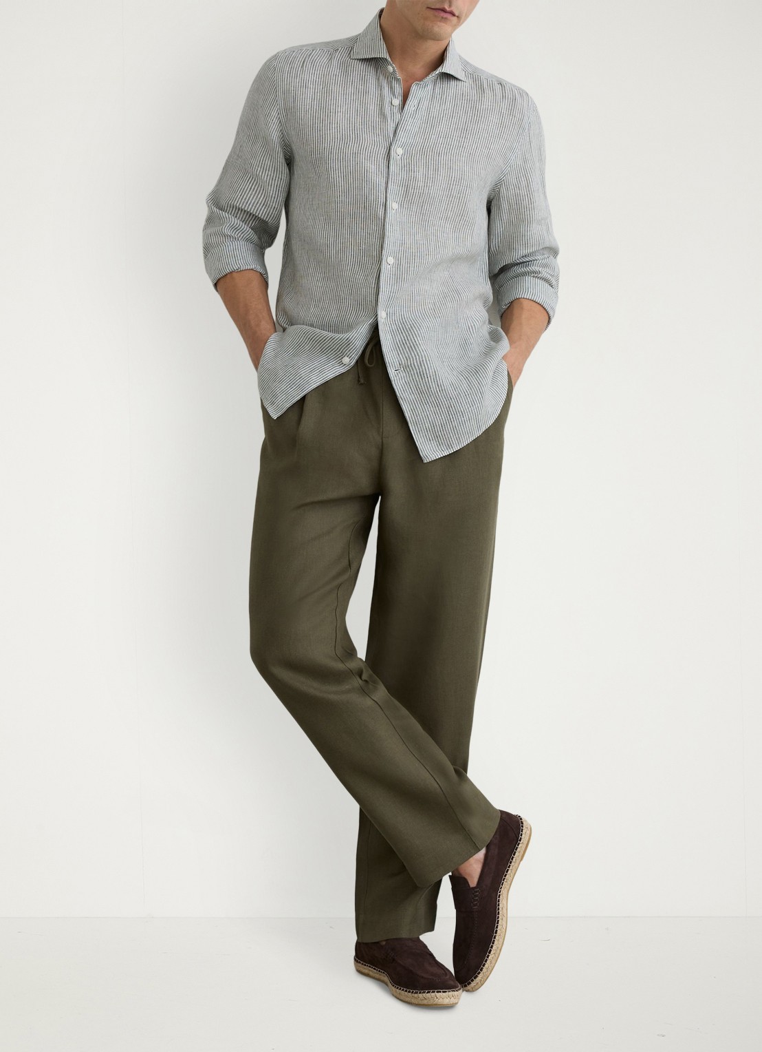 Reiss Ruban regular fit overhemd van linnen met streepprint - voorkant 6 donkerkhaki