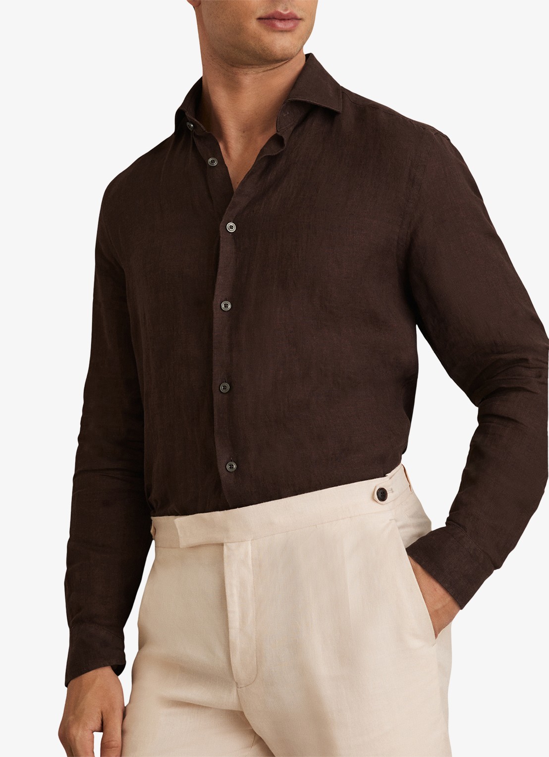 Reiss Ruban regular fit overhemd van linnen - detail 4 donkerbruin