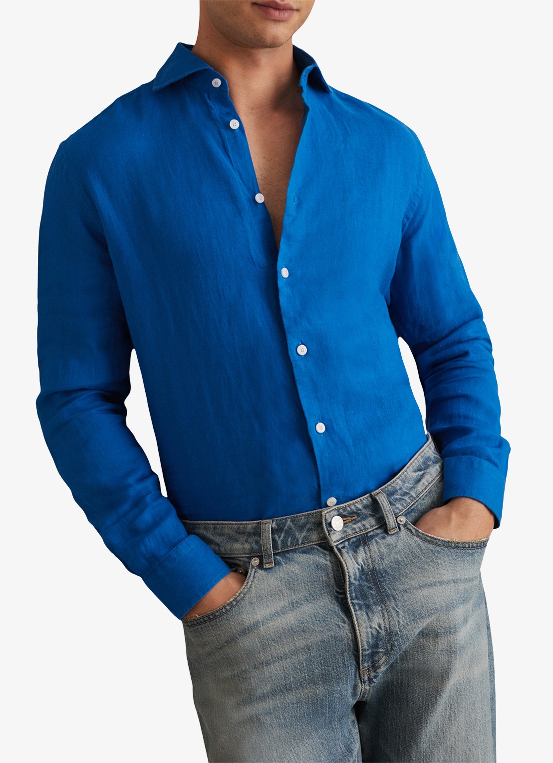 Reiss Ruban regular fit overhemd van linnen - voorkant 2 blauw